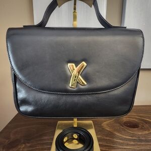 Paloma Picasso By Tiffany Black Leather 2 Way Hand Shoulder Bag with Gold Accent